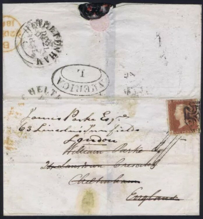 1841 1d Red Pl 19 アメリカ合衆国発 - リバプール アメリカ経由 チェルトナム、その後ロンドンへ