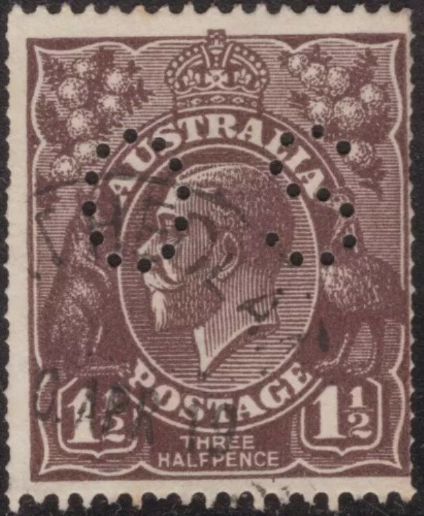 オーストラリア KGV 1?d 黒茶 SW「OS」、二重ミシン目、中古