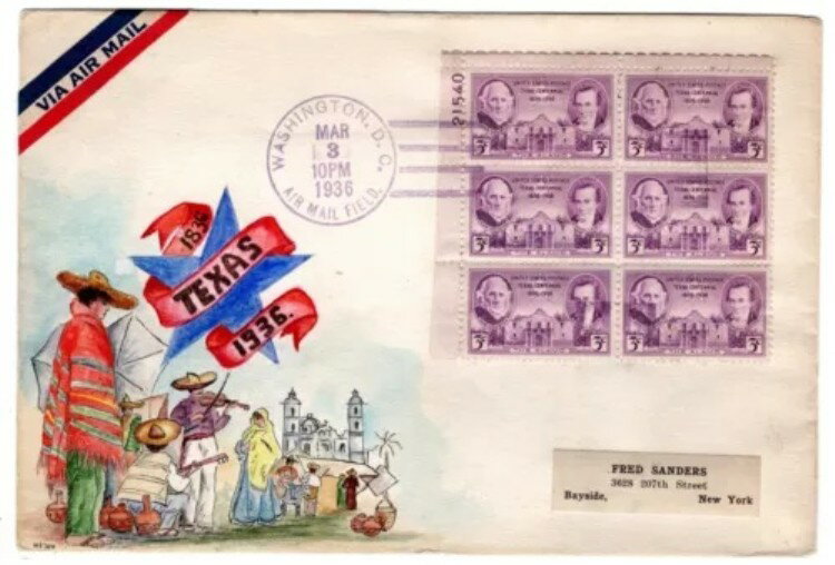 #776 テキサスセンテニアル 1936 ウォッシュ DC FDC UNL 染料 手描き & 時代物のカシェ