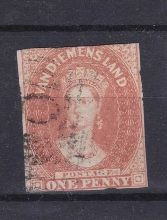 T372) タスマニア 1855 Chalons 透かしなし 1d 淡いレンガレッド SG 19