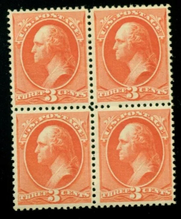 US #214 3セント朱色、4枚組、og、NH、XF PF証明書
