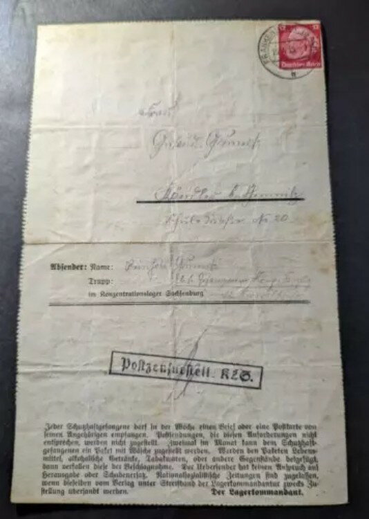 1935年 ドイツ強制収容所 KZ レターシートカバー ザクセンブルク