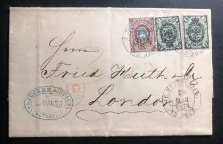 1873年 サンクトペテルブルク発ロシア発ロンドン（イギリス）宛書簡シートカバー Sc#22-23
