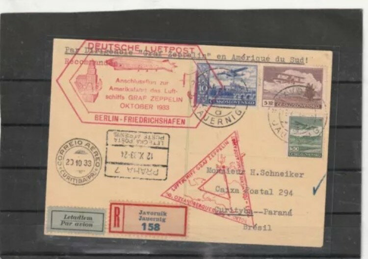 チェコスロバキア アンシュルス飛行隊 50. 海上横断飛行 ツェッペリン飛行船 ポストカード 1933年