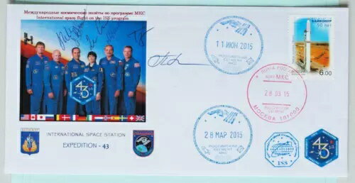 ロシア 2015 宇宙、オリジナル ISS ボードポストカバー / 第 43 次長期滞在 + 宇宙飛行士のサイン入り