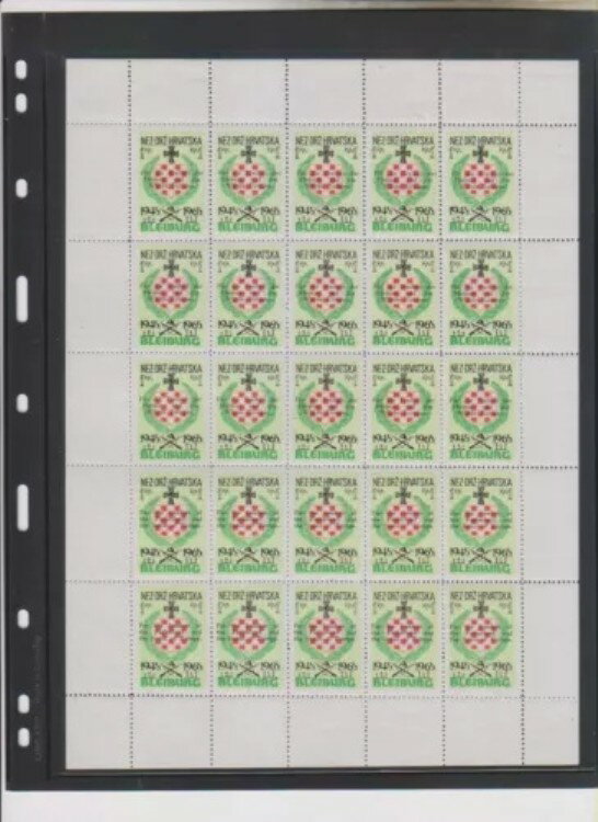 クロアチア、第二次世界大戦、亡命、ブライブルク、25 MNH ovptのcplシート、ドイツ語と英語