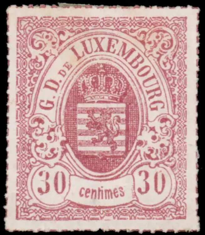 ルクセンブルク #Mi21 MNG 1865 30セント ライラックローズ 紋章 ルーレット刻印 カラー [23]