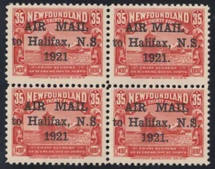 NFLD 35c ハリファックス航空郵便ブロック、C3/b/h、F および F-VF MNH、カタログ - $1,258