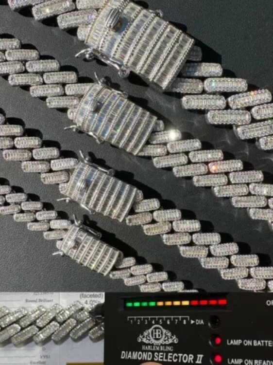 バゲットモアッサナイト リアルマイアミキューバンリンクチェーン アイスソリッド925シルバーネックレス