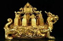 16.8インチの古い中国の刻印入り銅製金箔ドラゴンボート像印鑑セット