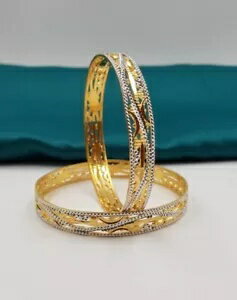 ファンシー22Kゴールドバングルブレスレット、ソリッドイエローゴールドスリップオンロジウム2ピースバングル