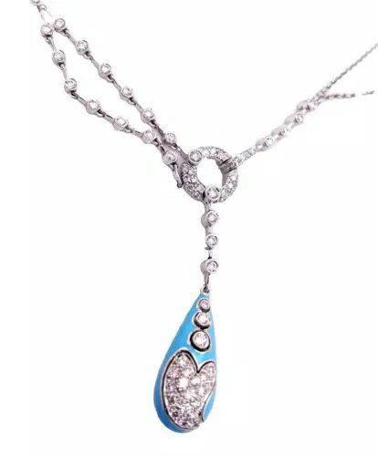 14Kホワイトゴールドダブルケーブルリンクチェーンダイヤモンドブルーエナメルペンダントネックレス