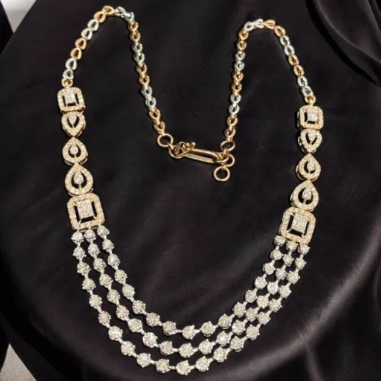 ゴージャスな3.60カラットのラウンドバゲットカット天然ダイヤモンドネックレス 14K ツートンゴールド