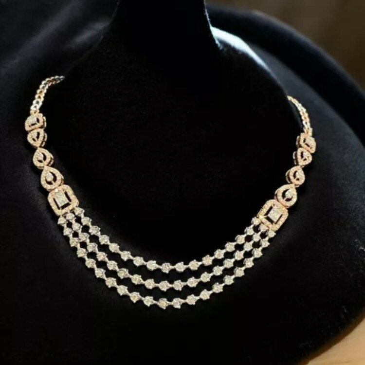 見事な3.60カラットのラウンドバゲットカット天然ダイヤモンドネックレス 14K ツートンゴールド