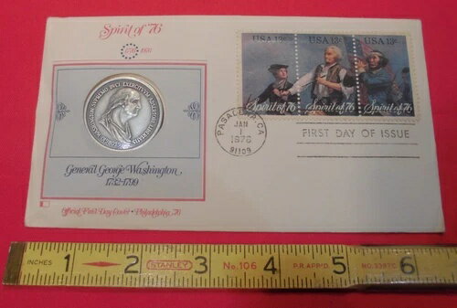 スターリングシルバー公式二百周年記念メダル - 初日カバー。スピリット・オブ・76