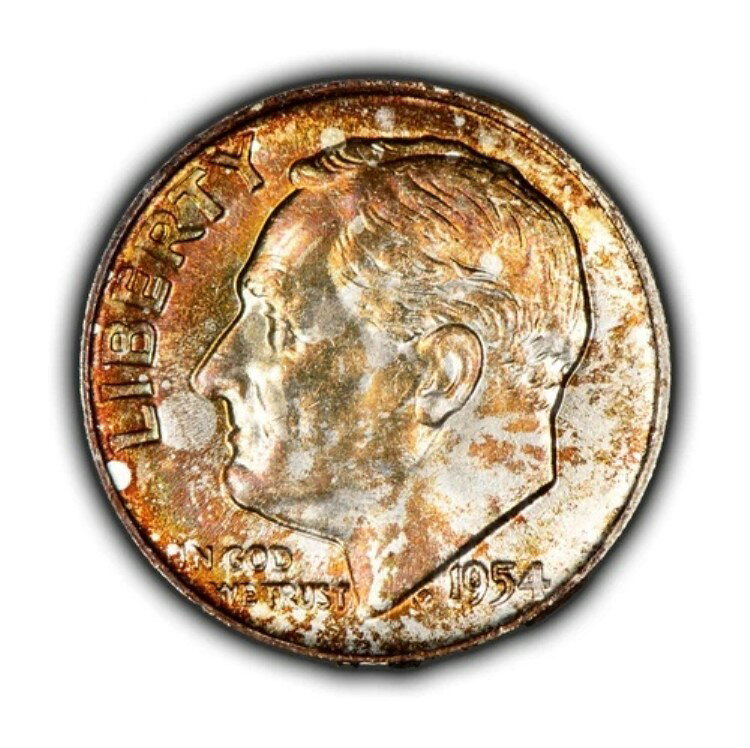 1954-D 10セント銀貨ルーズベルト・ダイム - ドラマチックなネオンレインボー調 - BU - Y5699