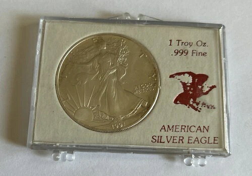 1991年アメリカンシルバーイーグル1トロイオンス0.999銀貨、スナッププラスチックケース入り