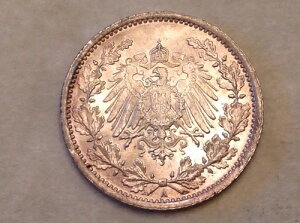 - 1917年 ドイツ帝国 ハーフ(1/2)マルク銀貨 皇帝ヴィルヘルム2世 未使用