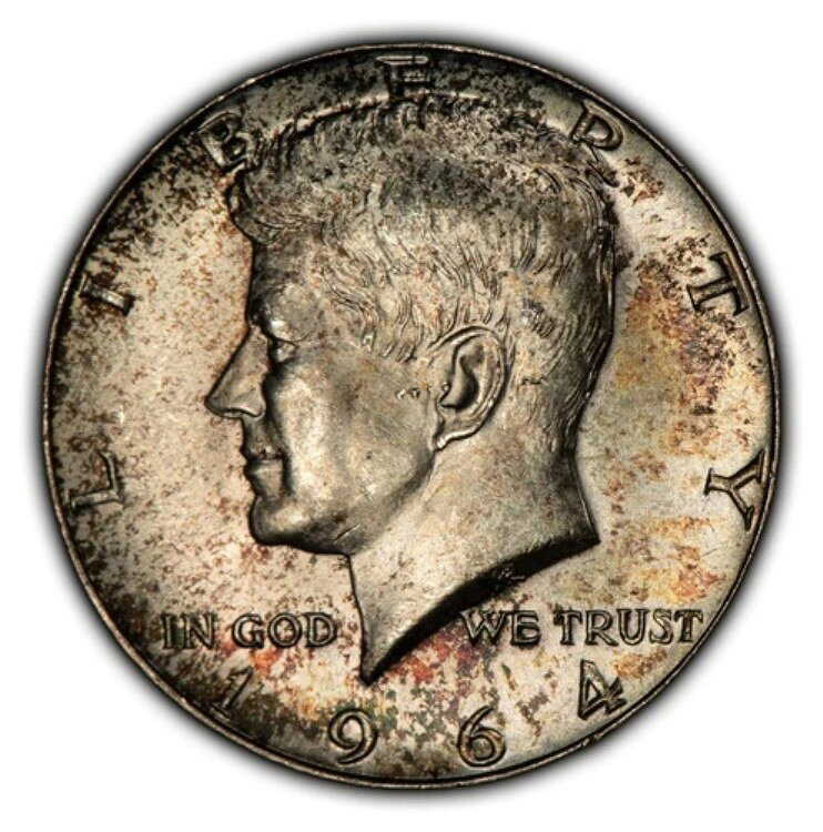 1964年 50セント ケネディ銀貨ハーフドル - PQ 斑点模様 レインボートーン - BU - Y5189