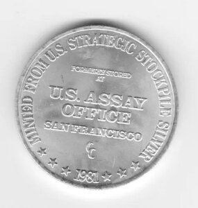 1981年 米国検査局サンフランシスコ 1オンス .999 純銀ラウンド CC ミント