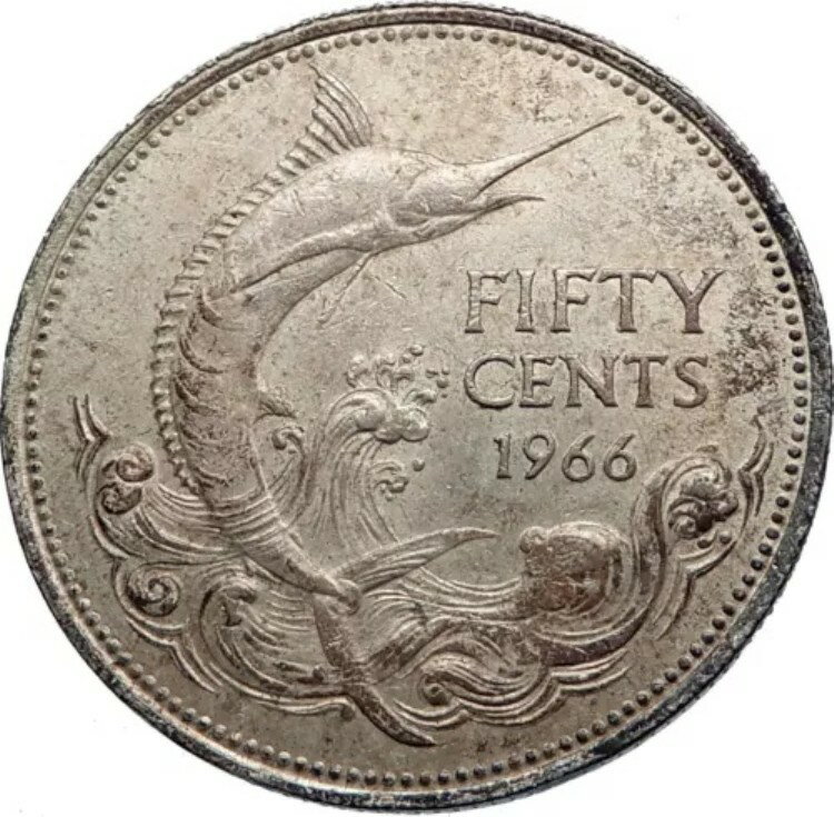 1966年 バハマ 銀貨 50セント 英国 エリザベス2世女王とカジキ 魚 i71955