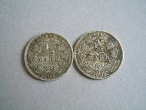 銀貨 1/2マルク 1912 A + 1916 J/2枚 総重量 5.5 g / 各約 ? 2.0 cm-