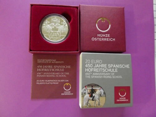 オーストリア、20ユーロ、2015年、スペイン乗馬学校、銀、証明書、ボックス/証明書