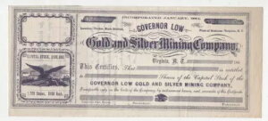 1860年代のガバナー・ロー金銀鉱山会社の株(ネバダ州バージニアシティ)