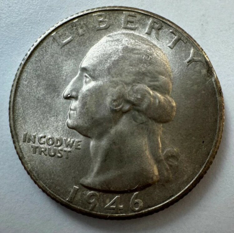 1946年米国25セント銀貨 S GWノーズに傷、Yの後に溝あり