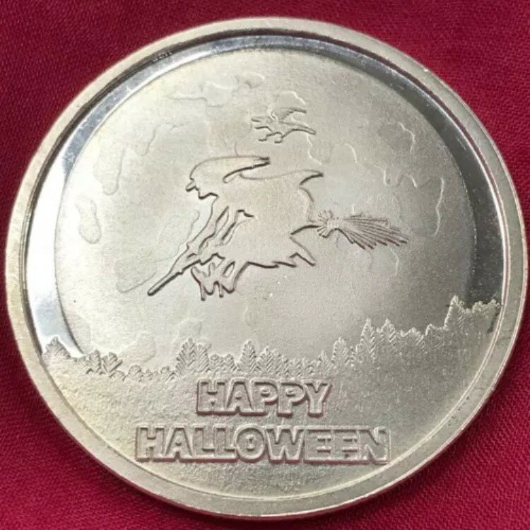 1オンス シルバーラウンド - ハッピーハロウィン フライングウィッチ .999 純銀 タウン