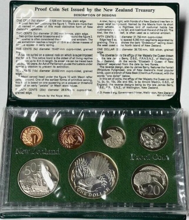 1980年 ニュージーランド - 公式プルーフセット (7) 1オンス ファンテイルバード シルバー $1付き -美品(3)