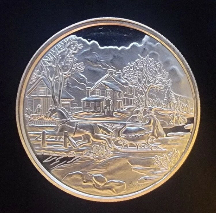 ヴィンテージ クリスマス サンタ そり リース ホリデー -999 シルバー 1オンス アートバー ラウンド