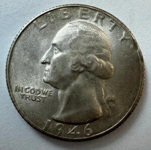 1946年米国25セント銀貨 S GWノーズに傷、Yの後に溝あり