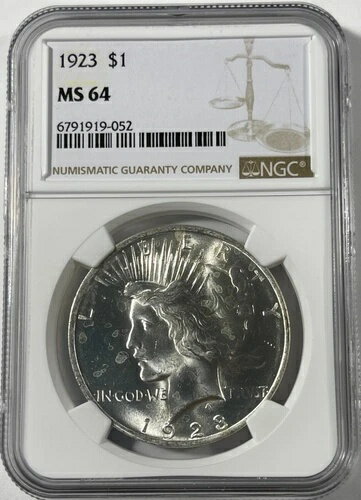1923年ピース・ダラー（#17438）NGC MS64ホワイトフレッシュホルダー。若干の白い斑点あり