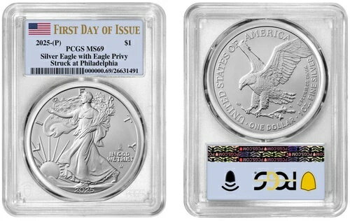 2025 P シルバーイーグル $1 イーグル付きプライベート PCGS MS69 発行初日 #255(3)