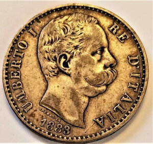 1883-R イタリア 2リラ、トーンVF+銀貨 - ウンベルト1世 - サヴォイア家の紋章