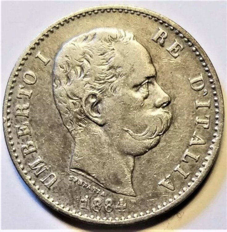 1884-R イタリア 1リラ - VF 銀貨 - ウンベルト1世 - サヴォイア家の紋章