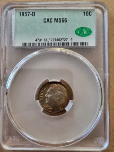 1957年 D ルーズベルト ダイム 10セント CAC MS66 美しい色合いのシルバー UNC #79903(3)