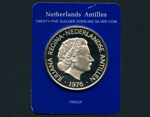 1976年オランダ領アンティル 25 グルデン銀貨 COA シール付き 42.12 グラム .925