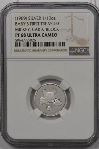 1989年 シルバー NGC PF 68UC ベビーズ ファースト トレジャー ミッキー、車、ブロック 1/1オンス シル..