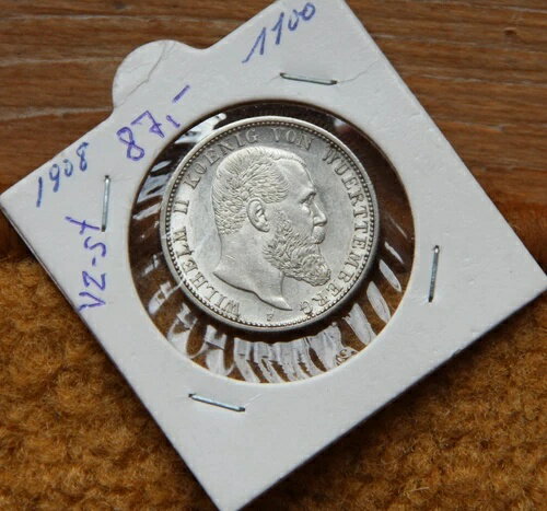 1908年2マルク銀貨、ヴィルヘルム5世、ヴュルテンベルク、ドイツ帝国、良好な状態