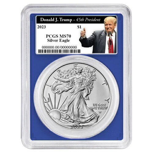 2023 年 1 ドル 1 オンス アメリカン シルバー イーグル PCGS MS70 トランプ第 45 代大統領ラベル ブルー...