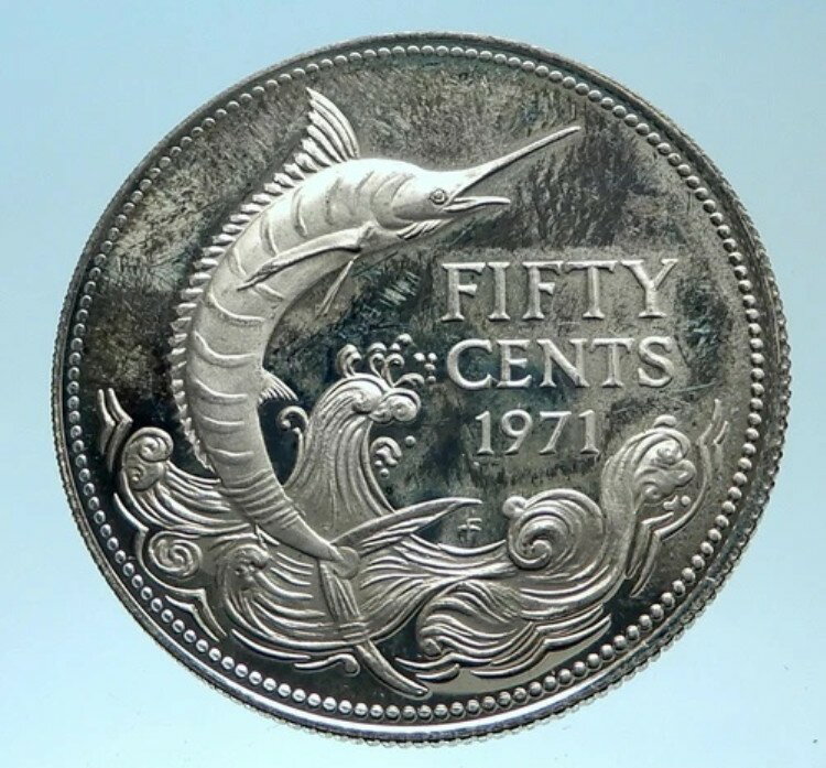 1966年 バハマ 銀貨 50セント 英国 エリザベス2世女王とカジキ 魚 i77455