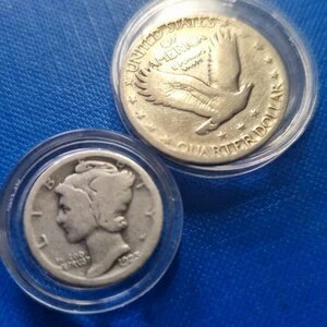 1923年 900/1000 銀貨 10セントダイムと1929年 25セントクォーター銀貨 VF-