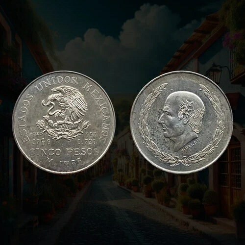 1953年メキシコ5ペソ、720セント銀貨、左を向いたイダルゴの胸像、紋章(3)