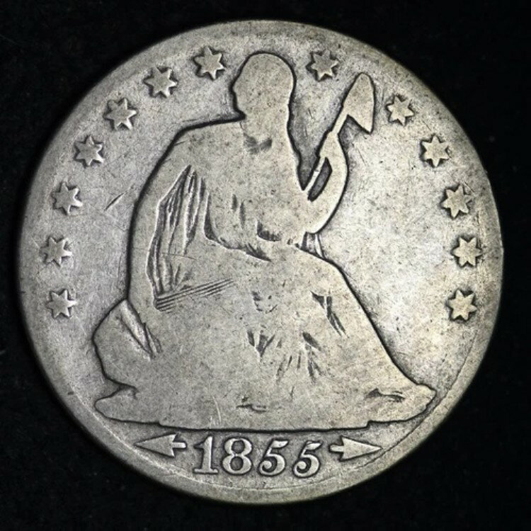 1855-O 矢付き 着席リバティ シルバー ハーフドル チョイス VG フリー P/H E222 REM