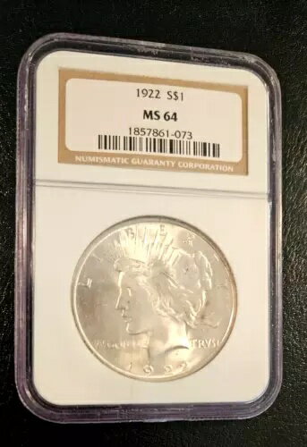 見事な 1922 年ピース シルバー ダラー、スラブ付き NGC MS 64、フロスト鏡のような光沢!