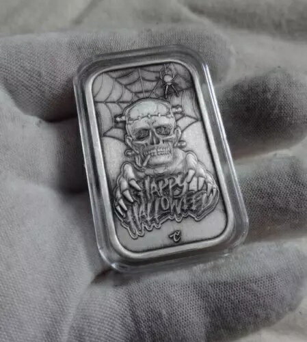 ハッピーハロウィーン フランケンシュタイン アンティーク 1オンス .999 シルバー アートバー COA