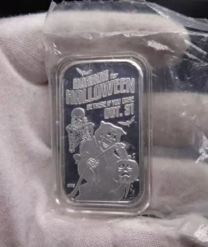 ハロウィーンの恐怖「死神」1オンス .999 シルバー アートバー CMG ミント 未使用