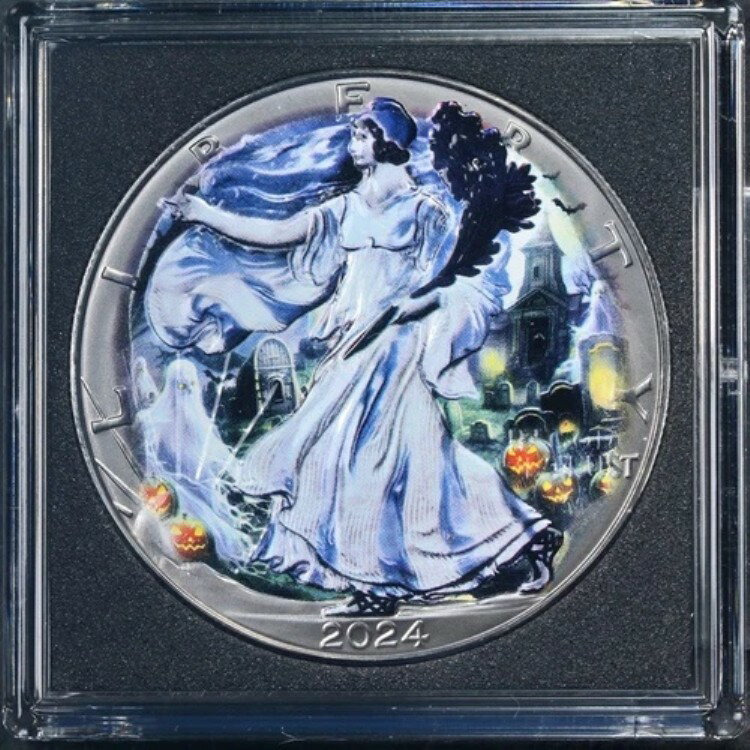 2024年 シルバー アメリカンイーグル 1ドル ハロウィン ゴーストナイト エディション カラー化 COA ストック
